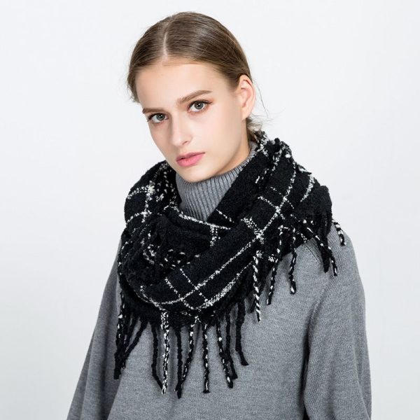 Autumn and winter scarf ladies plaid circle yarn tassel dual-use warm scarf - Image 44