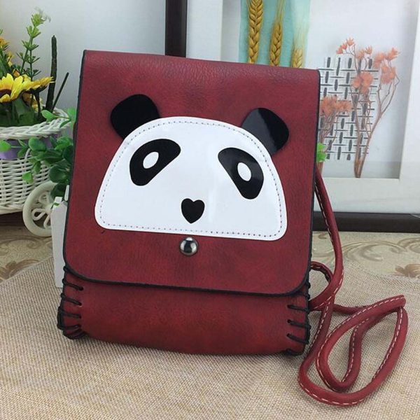 Wine Red Handmade PU Leather Panda Shoulder Crossbody Bag Cell Phone Bag Mini Bag - Image 2