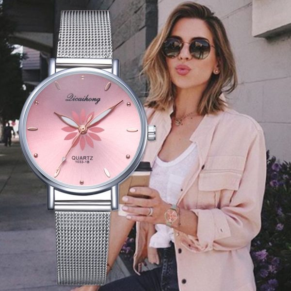 Watches For Women Luxury Silver Popular Pink Dial Flowers Metal Ladies Bracelet Quartz Clock Ladies Wrist Watch New Clock - Image 2