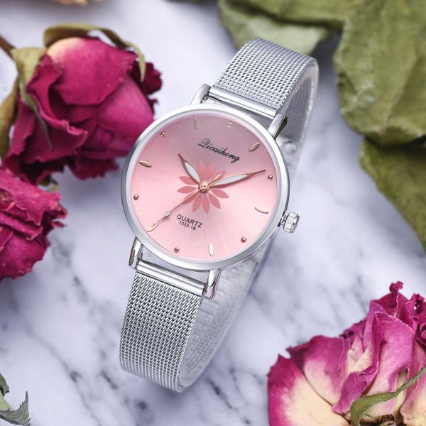 Watches For Women Luxury Silver Popular Pink Dial Flowers Metal Ladies Bracelet Quartz Clock Ladies Wrist Watch New Clock - Image 4