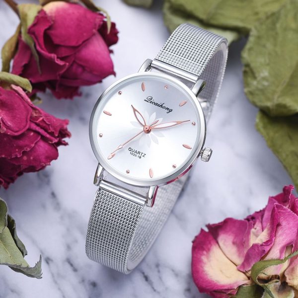Watches For Women Luxury Silver Popular Pink Dial Flowers Metal Ladies Bracelet Quartz Clock Ladies Wrist Watch New Clock - Image 5