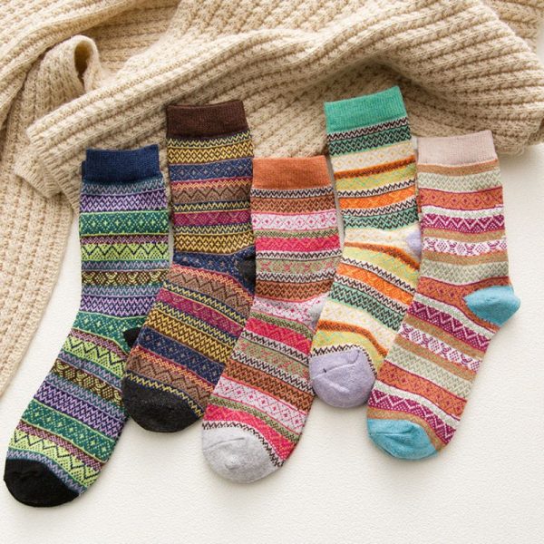 5Pairs Lot Winter Thickened Warm Woolen Socks Women's Striped Retro Wool New Year Christmas Gift Grils Socks TJ3140 - Image 24