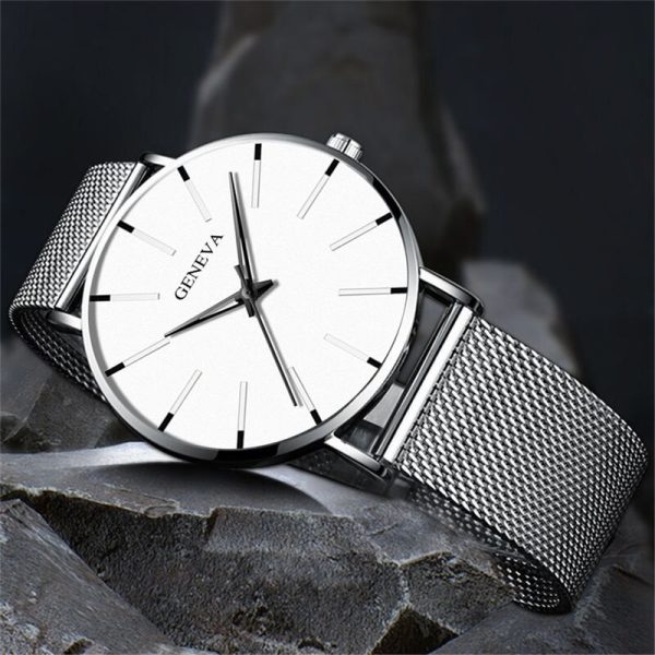 Fashion Men's Ultra Thin Watches Minimalist Men Business Silver Stainless Steel Mesh Belt Quartz Watch - Image 3