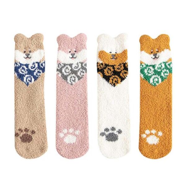 4 Pairs Coral Fleece Socks Women's Winter Cute Dog Mid-calf socks Home Sleep Floor Socks,White Pink Khaki Yellow