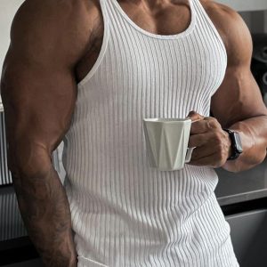 Knitted Vertical Stripes Fitness Sports Slim Vest Men's Racerback Vest