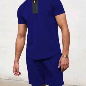 Men's Contrasting Color Waffle V-Neck Zipper T-Shirt + Shorts Casual Suit