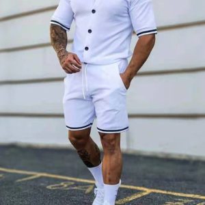Men's color contrast lapel short-sleeved shirt + shorts two-piece suit