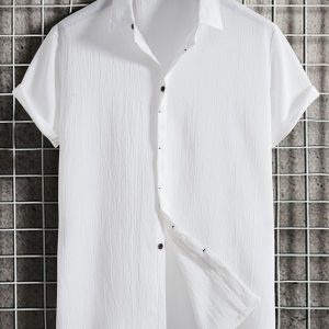 New Men's Short Sleeve Loose Solid Color Button Cotton Linen Shirt