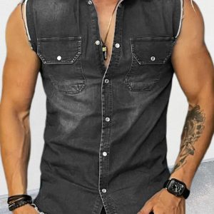 Men's Denim Lapel Sleeveless Shirt Top