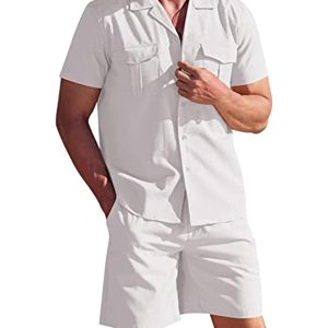 Men's Short-sleeved Shirt Set Casual Cotton Linen Cardigan Shirt + Shorts