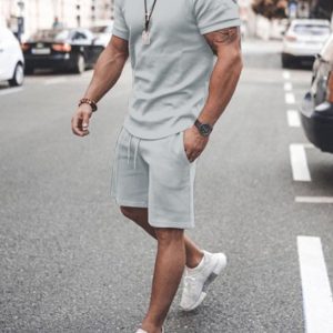 New Men's Casual Solid Color Short Sleeve Shorts Two-Piece Set