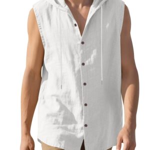 Men's Casual Sleeveless Waistcoat Shirt Linen Hooded Solid Color Breathable Loose Top