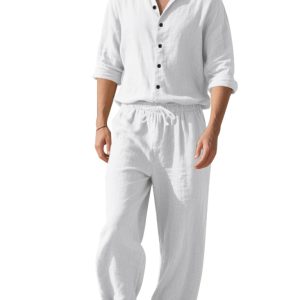 Linen men's casual loose beach sunscreen long-sleeved shirt and trousers set