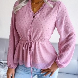 Women's Lantern Long Sleeve Ruffle lace up waist wave point Chiffon Top