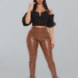 Skinny High Elastic Bandage Micro Flared Side Slit PU Leather Pants