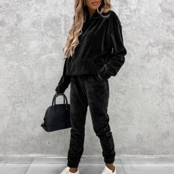 Women's solid color hooded sports casual velvet suit - Image 5