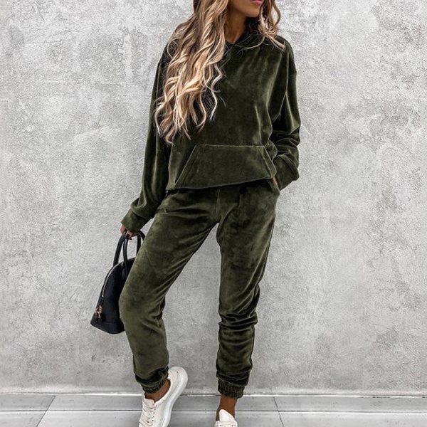 Women's solid color hooded sports casual velvet suit - Image 9