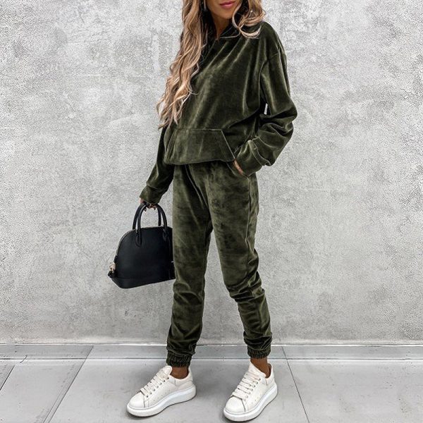 Women's solid color hooded sports casual velvet suit - Image 7