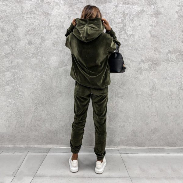 Women's solid color hooded sports casual velvet suit - Image 8