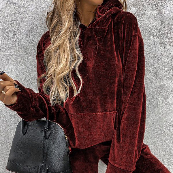 Women's solid color hooded sports casual velvet suit - Image 11