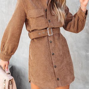 Women's casual solid color corduroy tie shirt dress