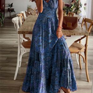 Bohemian style new one-piece long dress waist floral print large swing dress