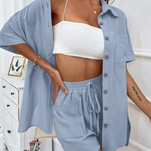 Loose-fit short-sleeve single-breasted shorts Two-piece solid-color shirt set