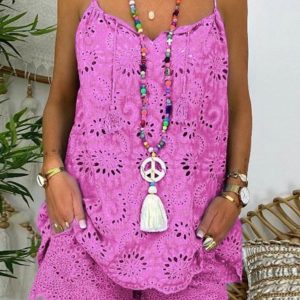 New women's sleeveless drawstring ruffled hollow camisole embroidered shorts suit