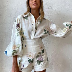 New style fresh floral ladylike temperament commuter long-sleeved shirt top high-waisted shorts suit
