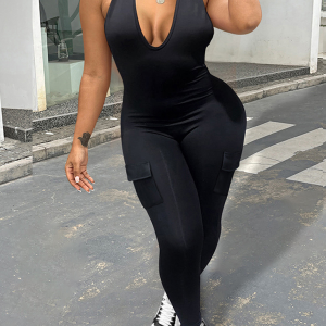 New women's sexy backless halter neck V-neck with pockets hip-lifting sports jumpsuit