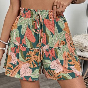 Tropical Resort Print Elastic Wide Leg Shorts