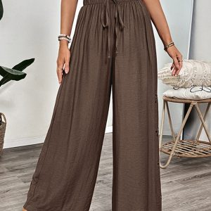 Simple style lace-up embroidered solid color loose wide-leg pants