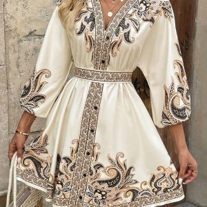 New Printed V-Neck Three-Quarter Sleeve Tie-Waist Dress