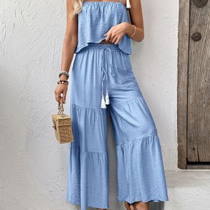 Suspender top wide-leg trousers solid color suit two-piece set