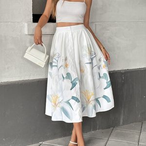 Casual Floral Holiday Dress Button Decorated Printed Skirt