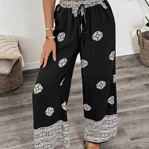 Ethnic style printed elastic waist drawstring casual comfortable straight pants