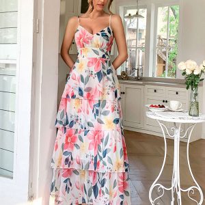 Elegant style suspender printed layered dress