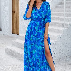 Holiday blue printed tie maxi dress