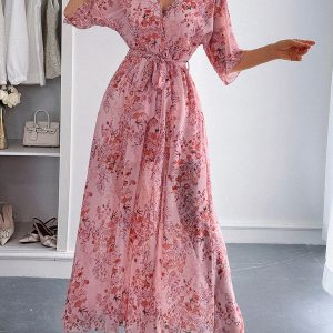 Holiday pink printed strappy maxi dress