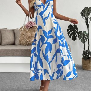 Floral print skirt seaside holiday style halter neck backless dress