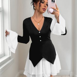 Long-sleeved contrast skirt with ruffled autumn dress
