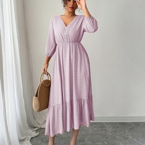 Pink Simple Lace Stitching Dress