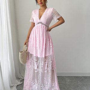 Pink Lace Hollow Short Sleeve Dress