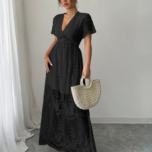 Black lace hollow short sleeve dress