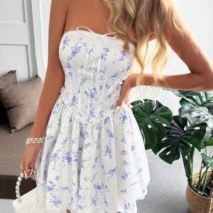 French holiday style floral tube top mini dress