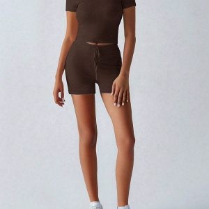Brown sports style short-sleeved lace-up shorts two-piece set