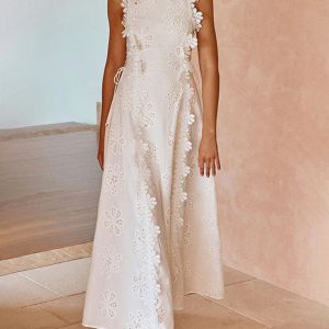 Lace Embroidery Tie-Strap Holiday Fitted Maxi Dress