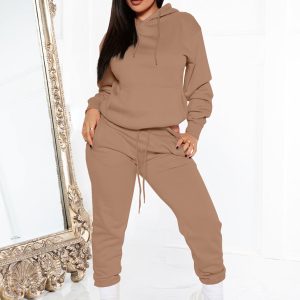 Fashion solid color casual sweater hooded sports top and bottom suit