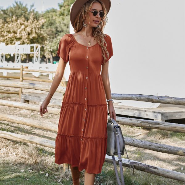 New casual button solid color short-sleeved loose dress - Image 3