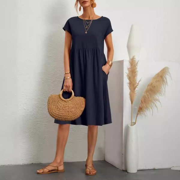 Women's Solid Color Round Neck A-Line  Dress - Image 11